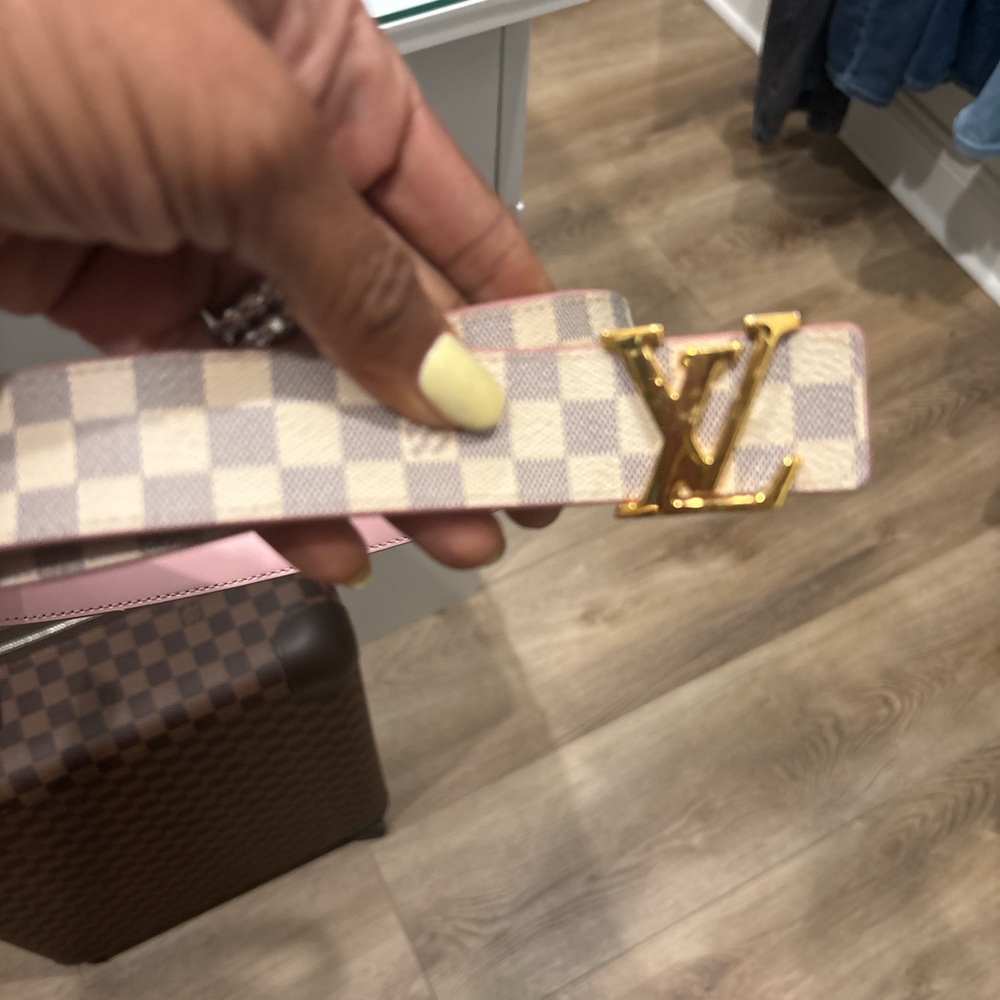 Louis Vuitton Damier Azur Belt with Pink Trim and Gold LV Buckle